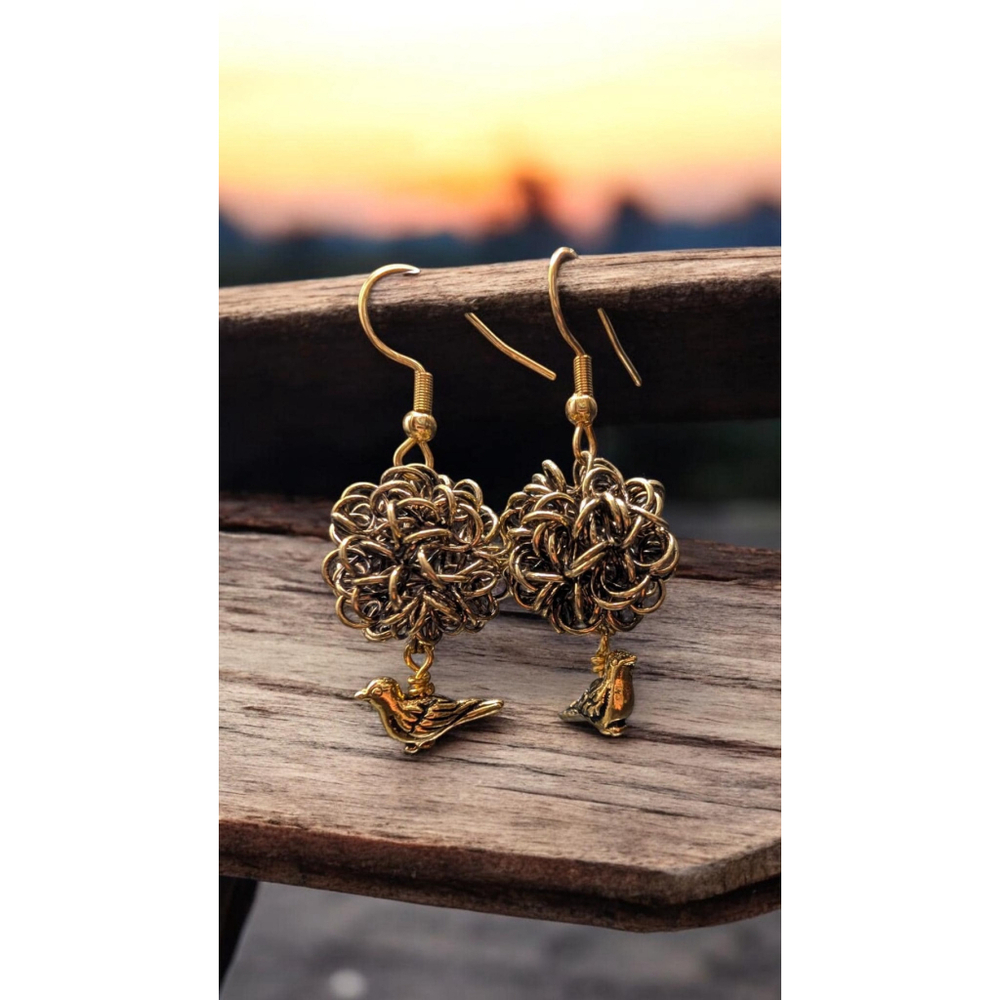 Bird Nest Dangle Earrings Gold Wire Bird Earrings Nature Inspired Jewelry - Picture 1 of 5